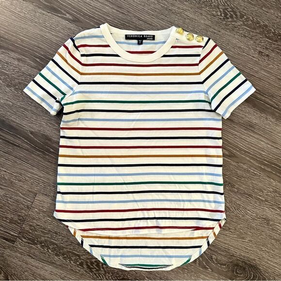 Veronica Beard Simpson Striped Button-Shoulder Cotton Tee - Picture 1 of 6